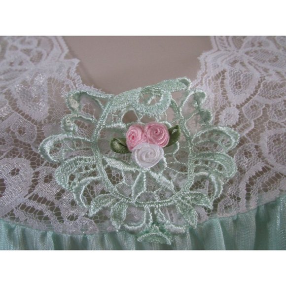 Sears Carriage Court Mint Green Short Night Gown Lace Trim Damask Stripe One Sz - Picture 4 of 16